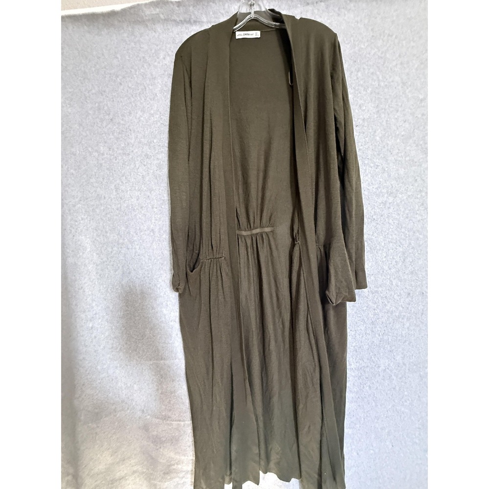 Zara Knit Cardigan Sweater Womens Large Green Long Maxi Duster Belted Pockets